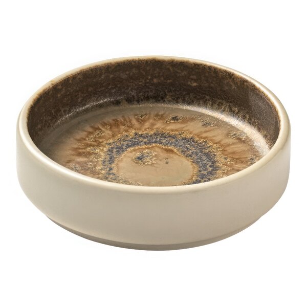 A Heart & Soul porcelain bowl with brown and white speckles and a brown rim.