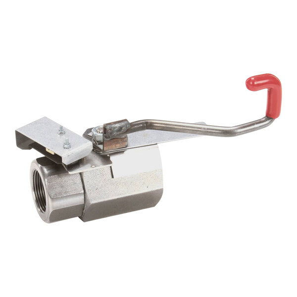 A close-up of a stainless steel Frymaster drain valve with a red handle.