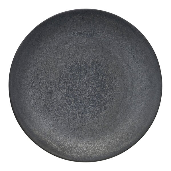 A black porcelain coupe plate with a matte finish and a gray rim.