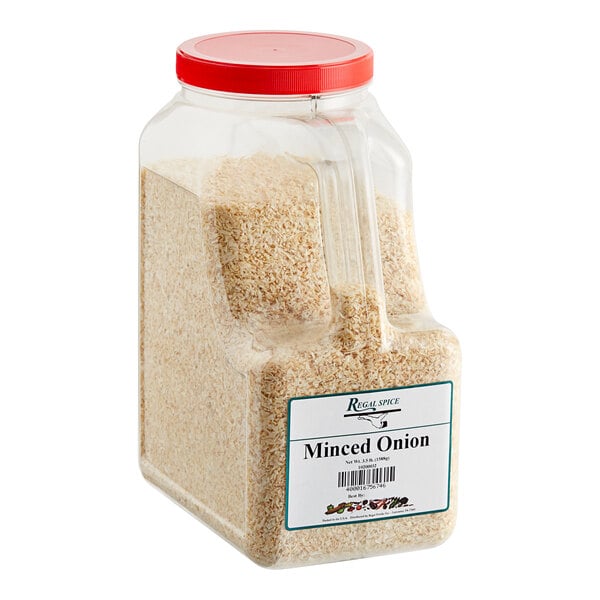 A plastic container of Regal minced onion with a red label.