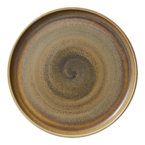 A brown and black Heart & Soul Perfect Match porcelain plate with swirls on the raised rim.