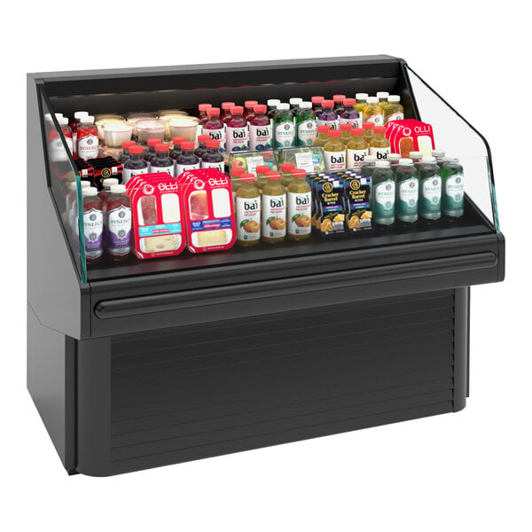 A Hussmann black horizontal open air curtain merchandiser with different drinks displayed inside.