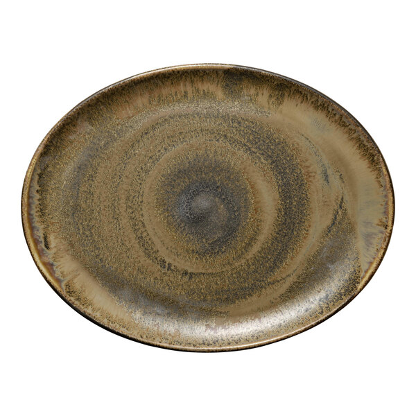 A brown oval porcelain platter with a circular design on it.