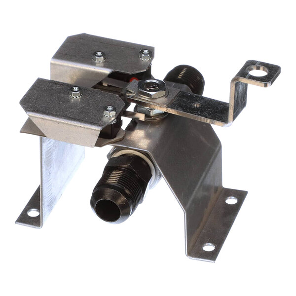 A metal Frymaster waste valve assembly with screws and a metal plate.