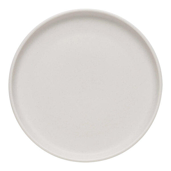 A white Libbey Driftwood Satin Matte porcelain plate with a speckled surface.