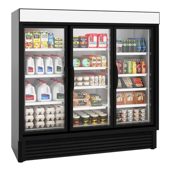 A Hussmann black refrigerated glass door reach-in merchandiser filled with different types of food.