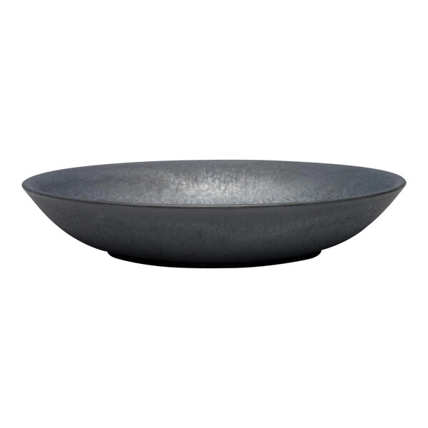 A black porcelain deep coupe plate with a white background.