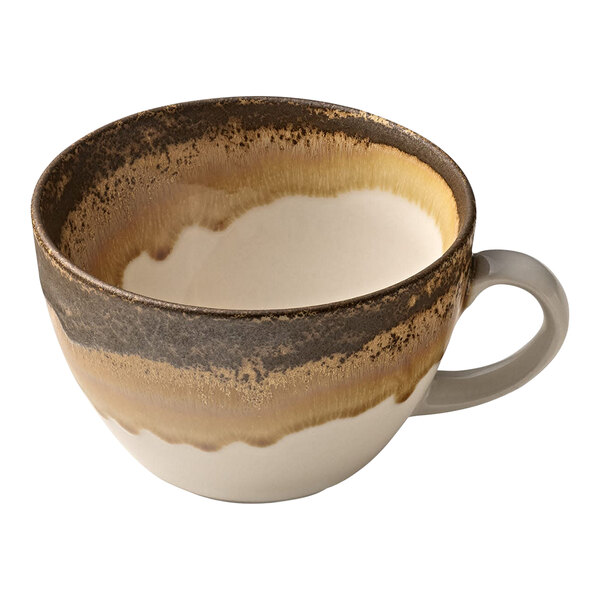 A white porcelain Heart & Soul cumin coffee cup with brown and white swirls and a handle.