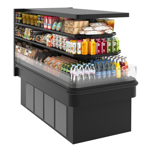 A black Hussmann Entyce island air curtain merchandiser with different types of beverages on shelves.