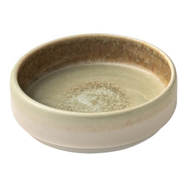 A Heart & Soul porcelain bowl with a white background and brown rim.