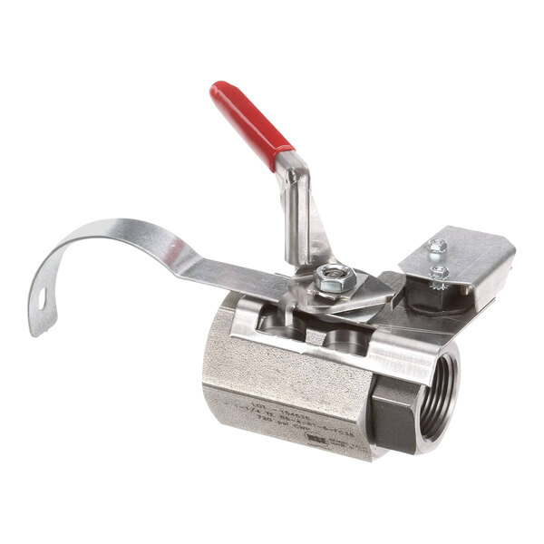 A close-up of a stainless steel Frymaster dual vat drain valve assembly with red handle.