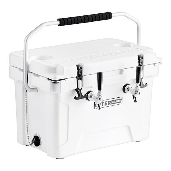 A white CaterGator insulated jockey box with black handles.