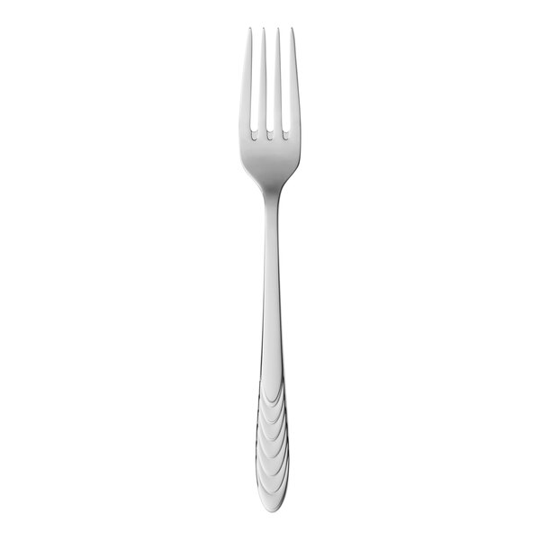 A silver fork with a white handle.