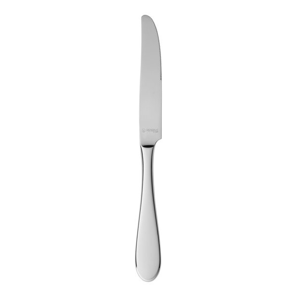 A silver knife with a white handle.