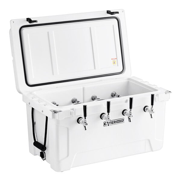 A white CaterGator jockey box cooler with black handles.