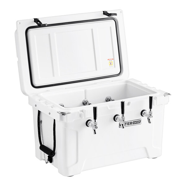 A white CaterGator jockey box cooler with a lid.