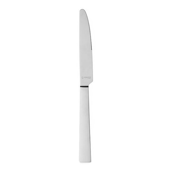 A silver Reserve by Libbey Santorini dessert knife with a white handle.