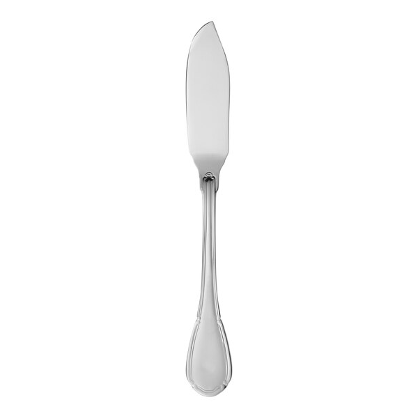 A silver fish knife with a long, rectangular handle.