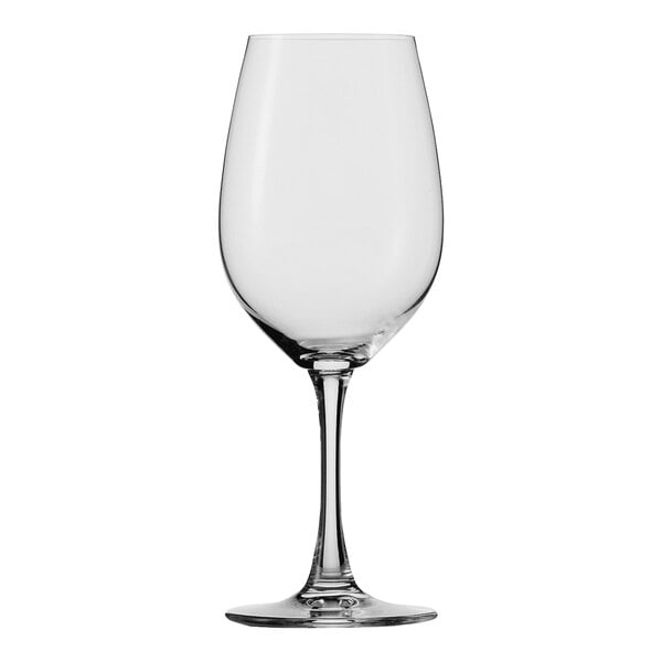 A clear Spiegelau wine glass with a stem.