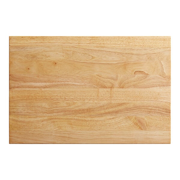 A wooden Choice cutting board with squared edges.
