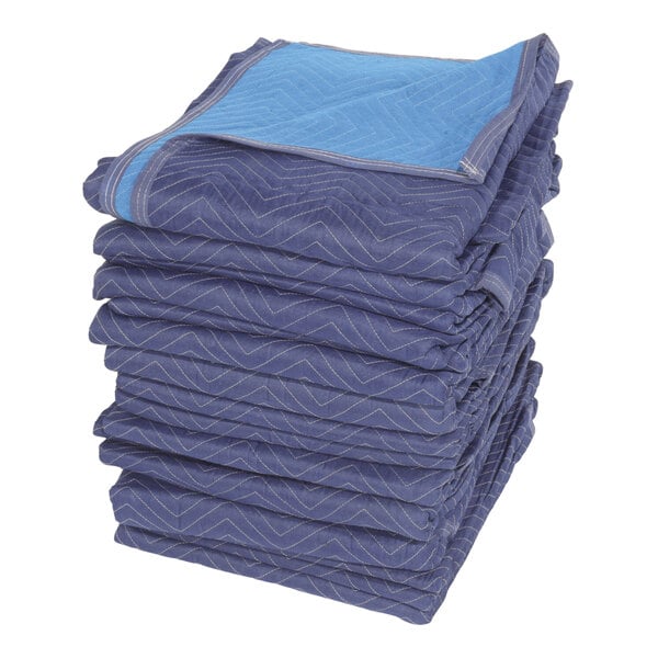 A stack of blue and gray Vestil heavy-duty moving blankets.