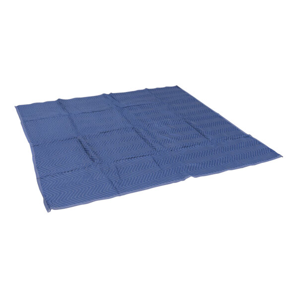 A blue blanket with a square design on a white background.