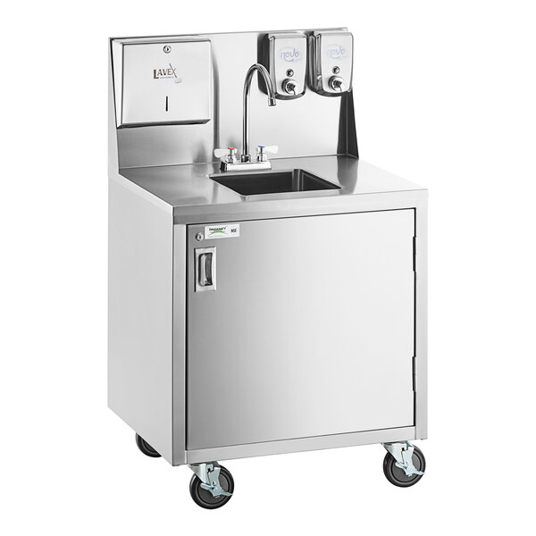 A stainless steel Regency portable hand sink cart with a faucet.