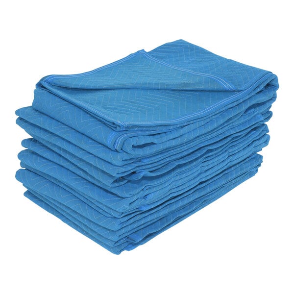 A stack of blue Vestil quilted moving blankets.
