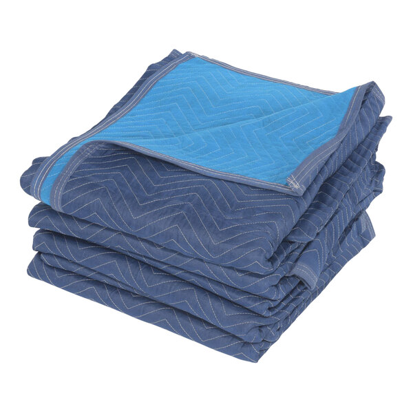 A stack of blue blankets with white lines.