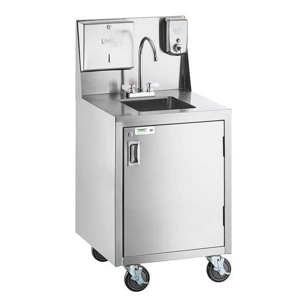 A Regency stainless steel hand sink cart with a faucet.