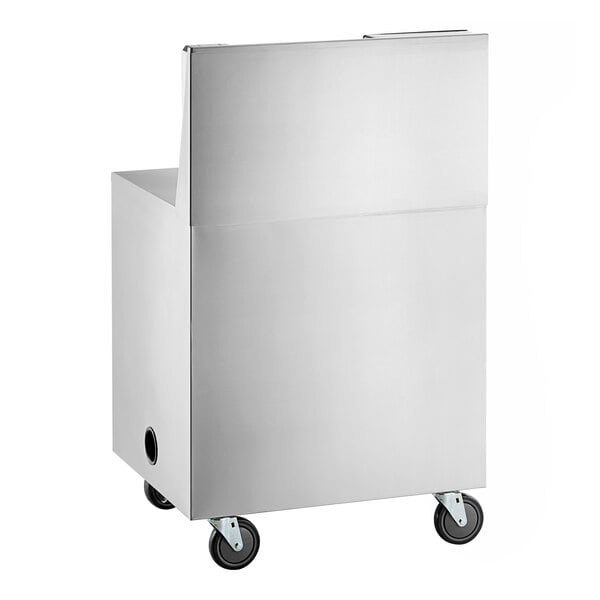 A stainless steel cart with a boxy shape, four caster wheels, and a partially visible circular opening on one side.