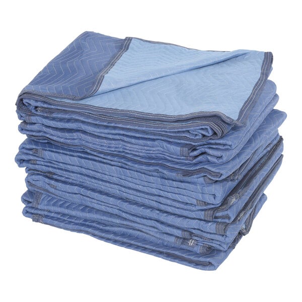 A stack of blue blankets on a white background.