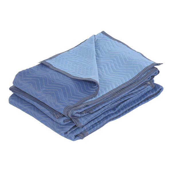 A folded blue Vestil moving blanket on a white background.