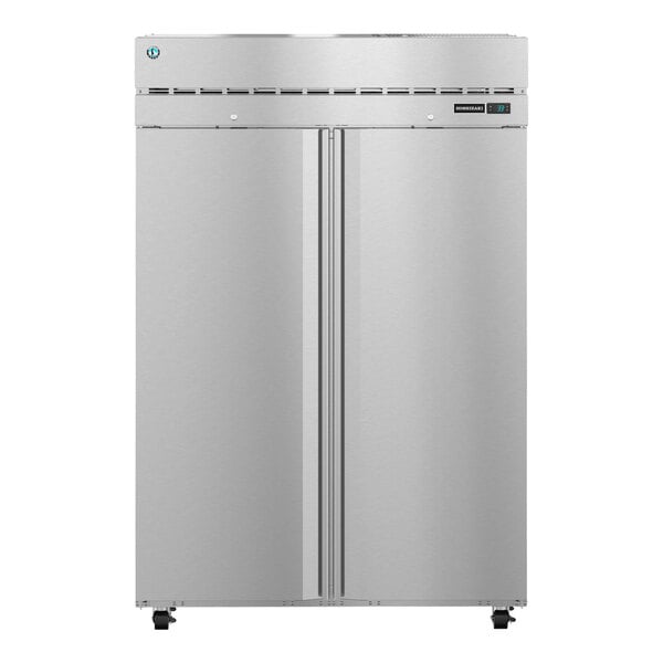 A silver Hoshizaki reach-in refrigerator with two doors.