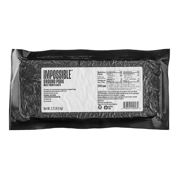 A close-up of a package of Impossible Foods Plant-Based Vegan Ground Pork.