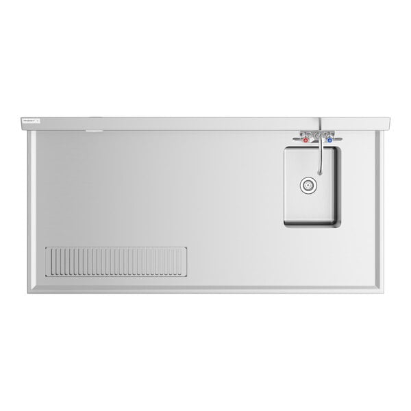 A white rectangular stainless steel beverage table with a sink and faucet.