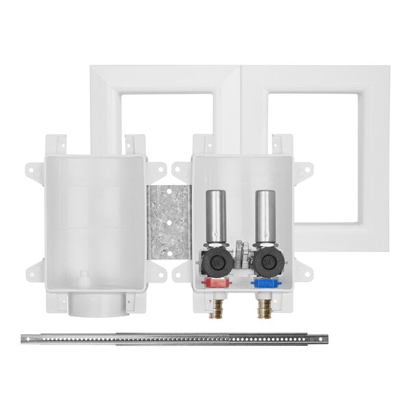 A white plastic Sioux Chief washing machine outlet box with metal pipes and valves.