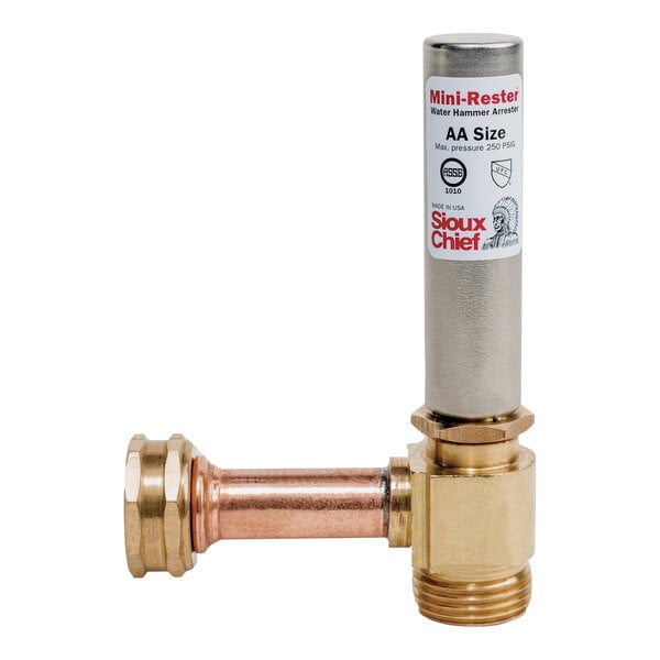 A Sioux Chief MiniRester water hammer arrestor with brass and copper fittings.