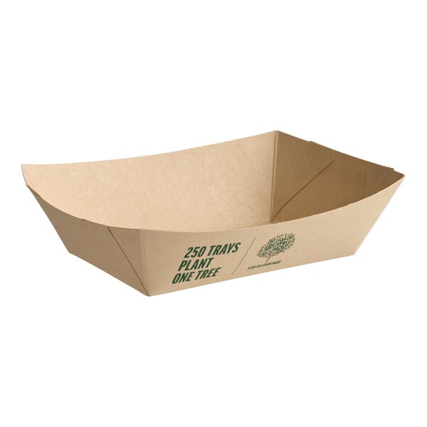 A rectangular compostable bamboo food tray with printed text on the side.