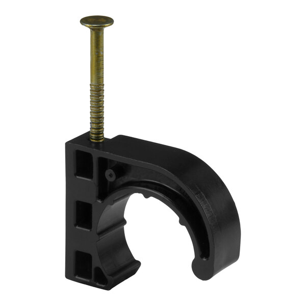 A black plastic Sioux Chief TubeTalon with a nail.