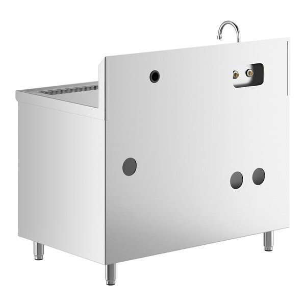 A white rectangular stainless steel beverage table with a sink and two holes.