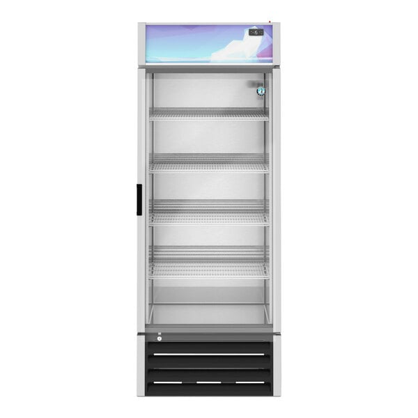 A white Hoshizaki glass door freezer with shelves inside.