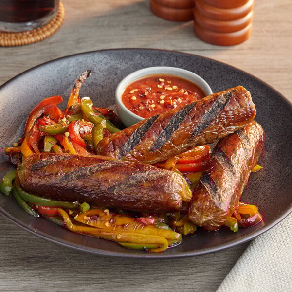 A plate of Impossible Foods Spicy Sausage with peppers and onions.