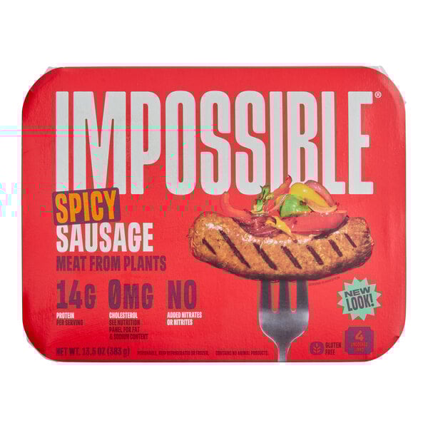 A package of Impossible Foods plant-based vegan spicy sausage.
