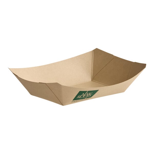 A rectangular, compostable bamboo food tray with a natural brown color and a small green New Roots label on the side.