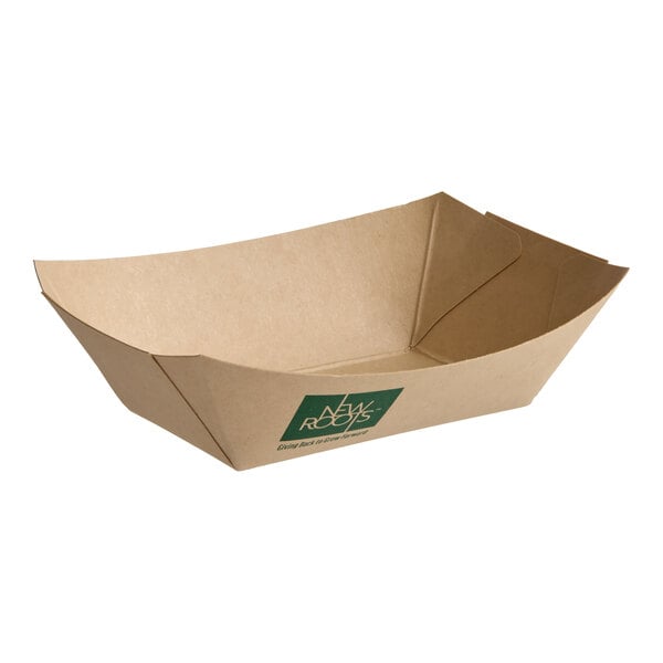 A rectangular, compostable bamboo food tray with a natural brown color and a small green label on the side.