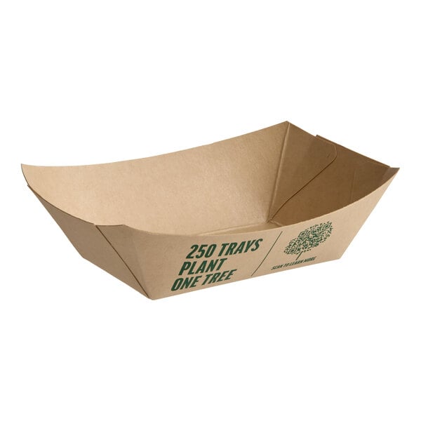 A rectangular compostable bamboo food tray with printed text on the side.
