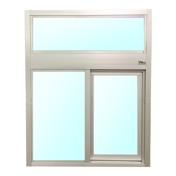 A silver right-to-left manual drive-thru window with a 16-inch transom and Solarban 70XL tempered glass.