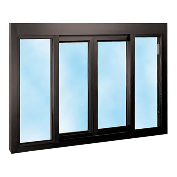 A bronze Ready Access bi-parting drive-thru window with tempered glass panes.
