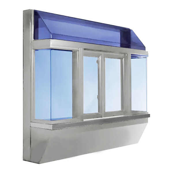 A silver Ready Access bi-parting drive-thru window with blue and silver trim and blue glass.